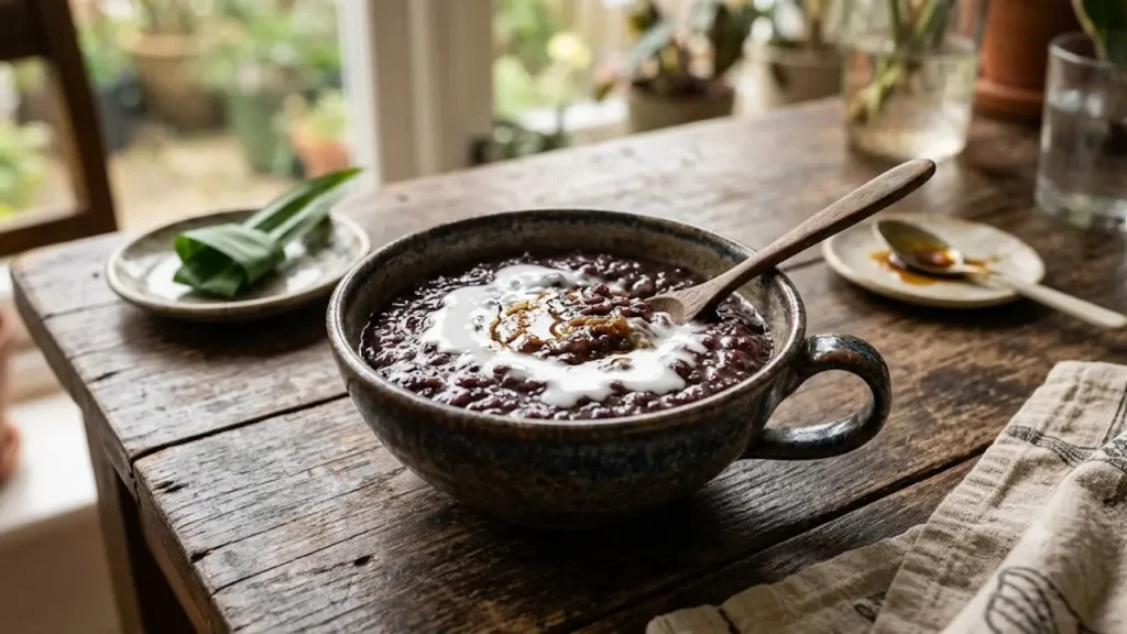 Semangkuk bubur ketan hitam legit dengan siraman kuah santan gurih siap disajikan.