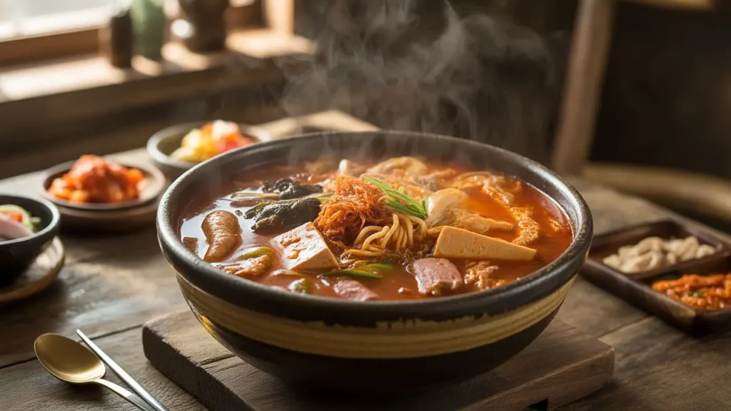 Resep budae jjigae dengan sosis, kimchi, mi instan, tahu, jamur enoki, dan kuah pedas khas Korea