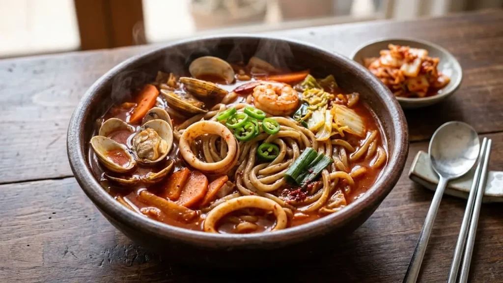 Jjampong seafood dengan kuah merah pedas khas Korea berisi udang, cumi, kerang, mi, dan sayuran.