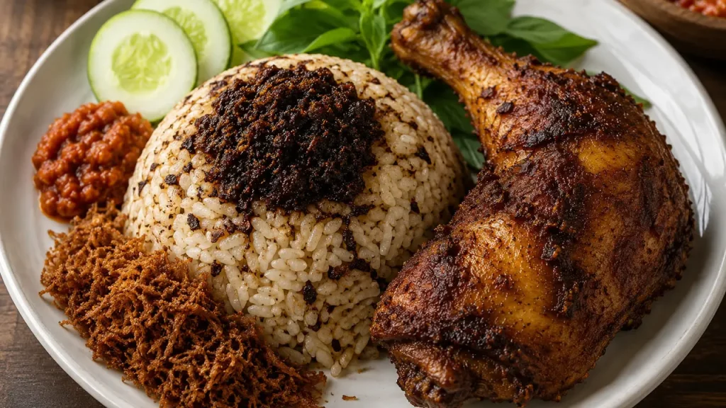 Nasi ayam bumbu bebek Madura dengan bumbu hitam, sambal, serundeng, dan lalapan