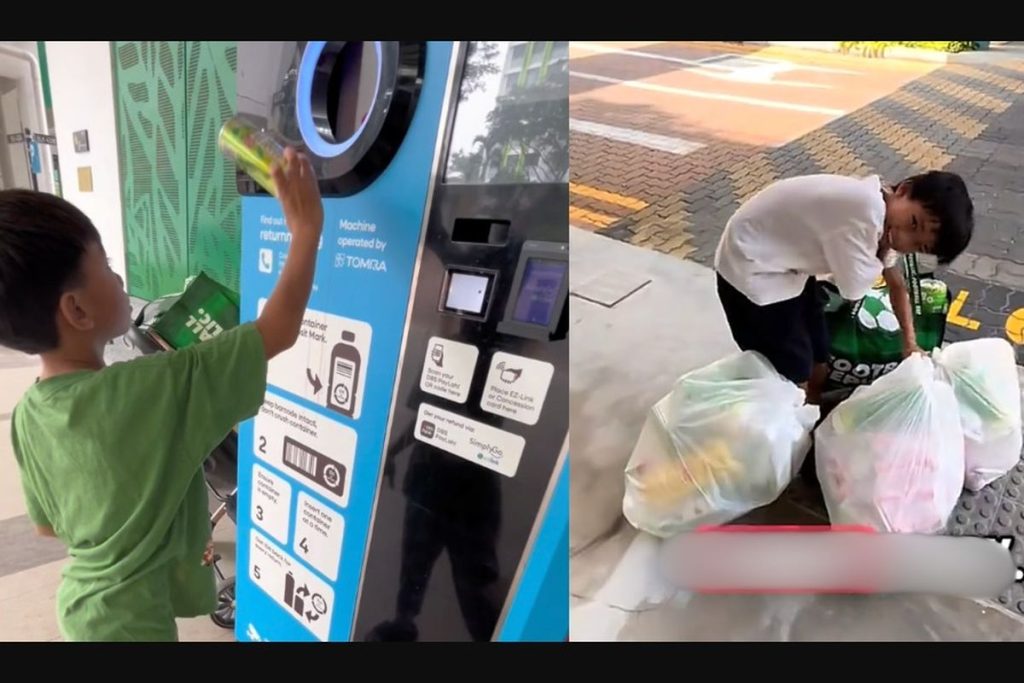 Bocah 9 tahun di Singapura mengumpulkan botol dan kaleng bekas untuk didaur ulang